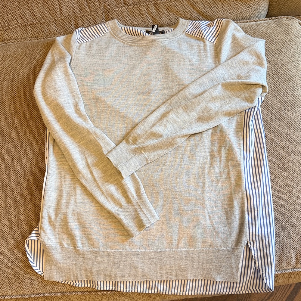 J. Crew Crewneck “Mullet” Sweater with Grey Wool Front and Striped Shirt Back